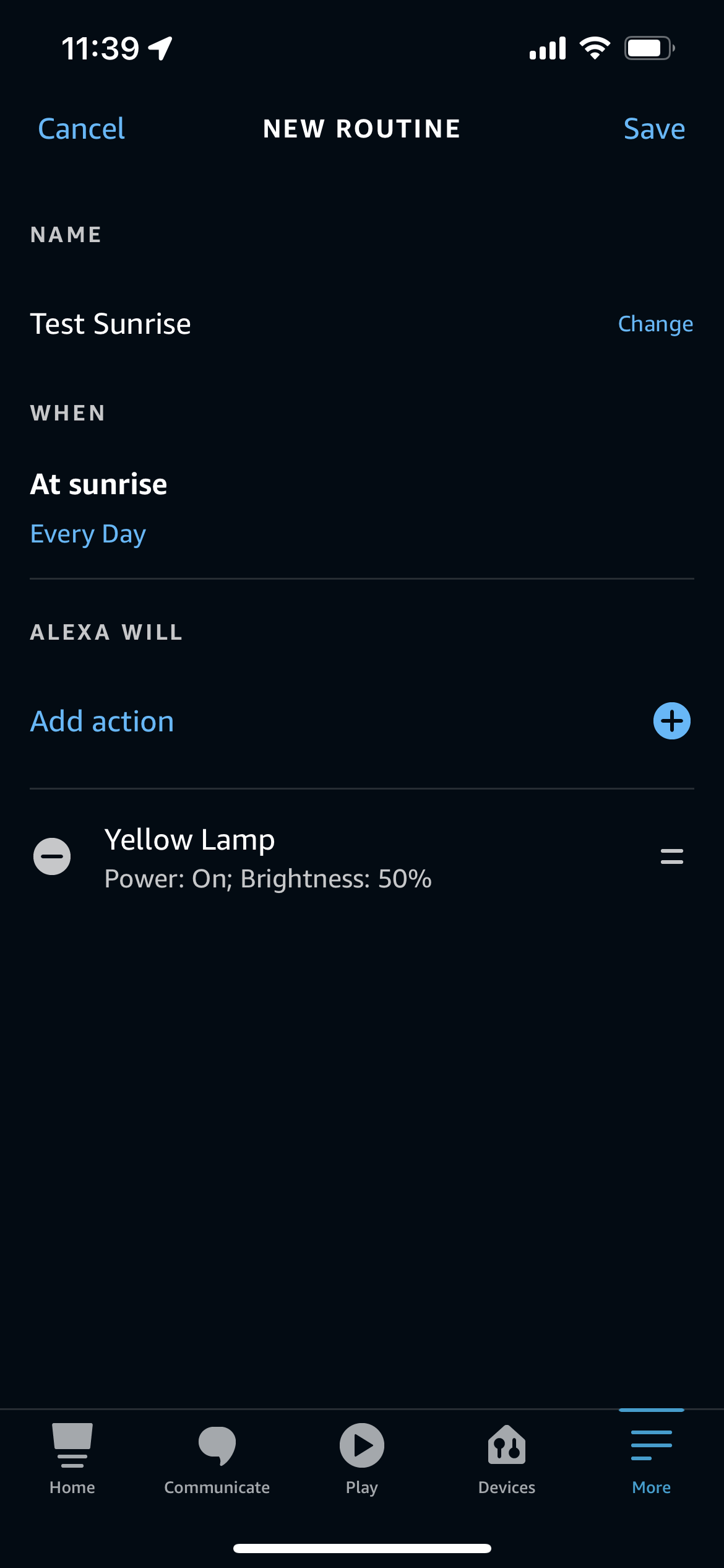 A sunrise routine in the Alexa app