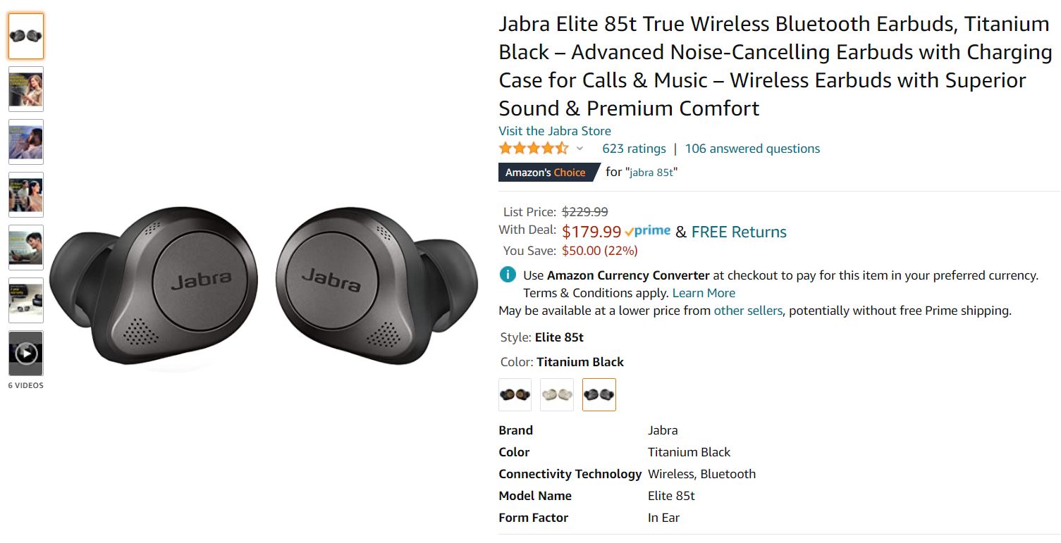 Jabra Elite 85t Earbuds Amazon headphones sales
