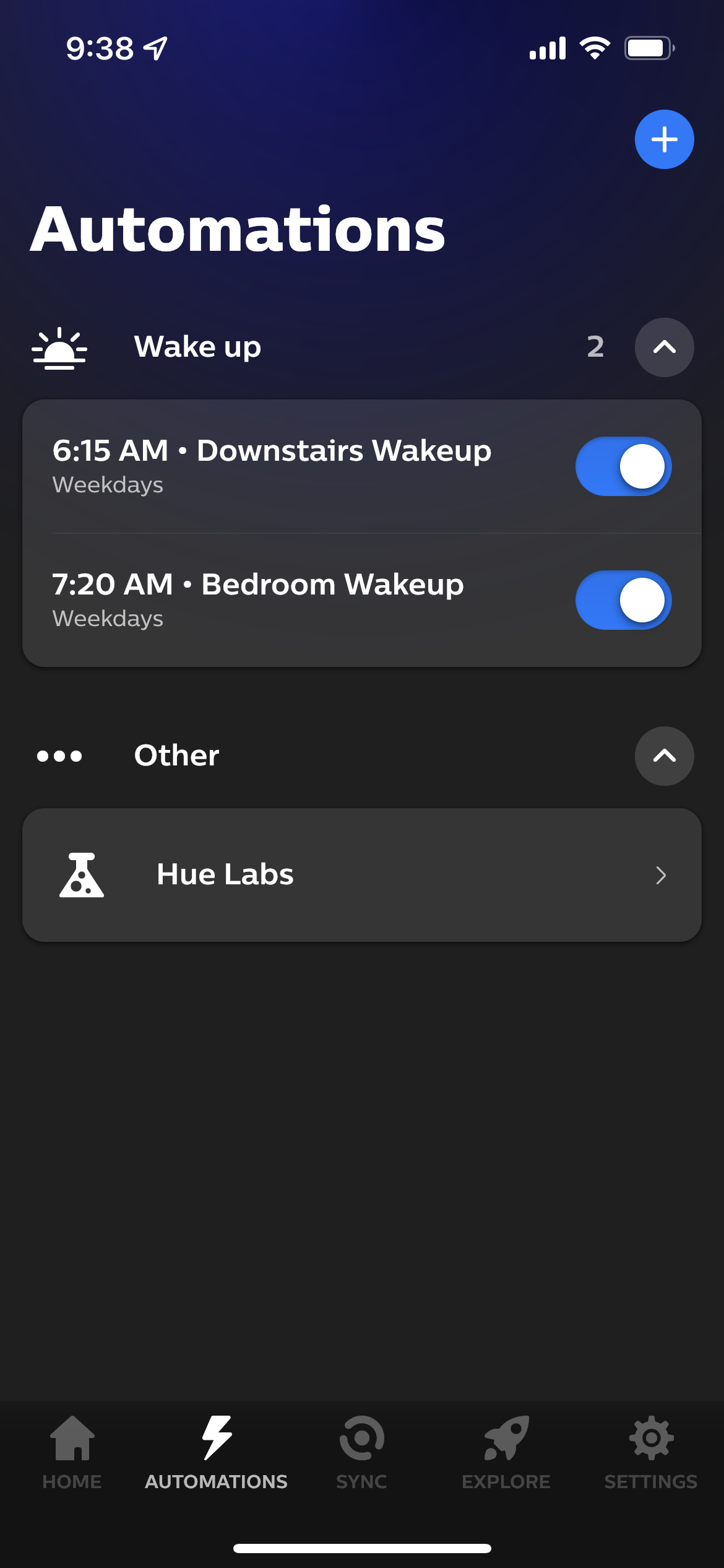 The Philips Hue app Automations tab