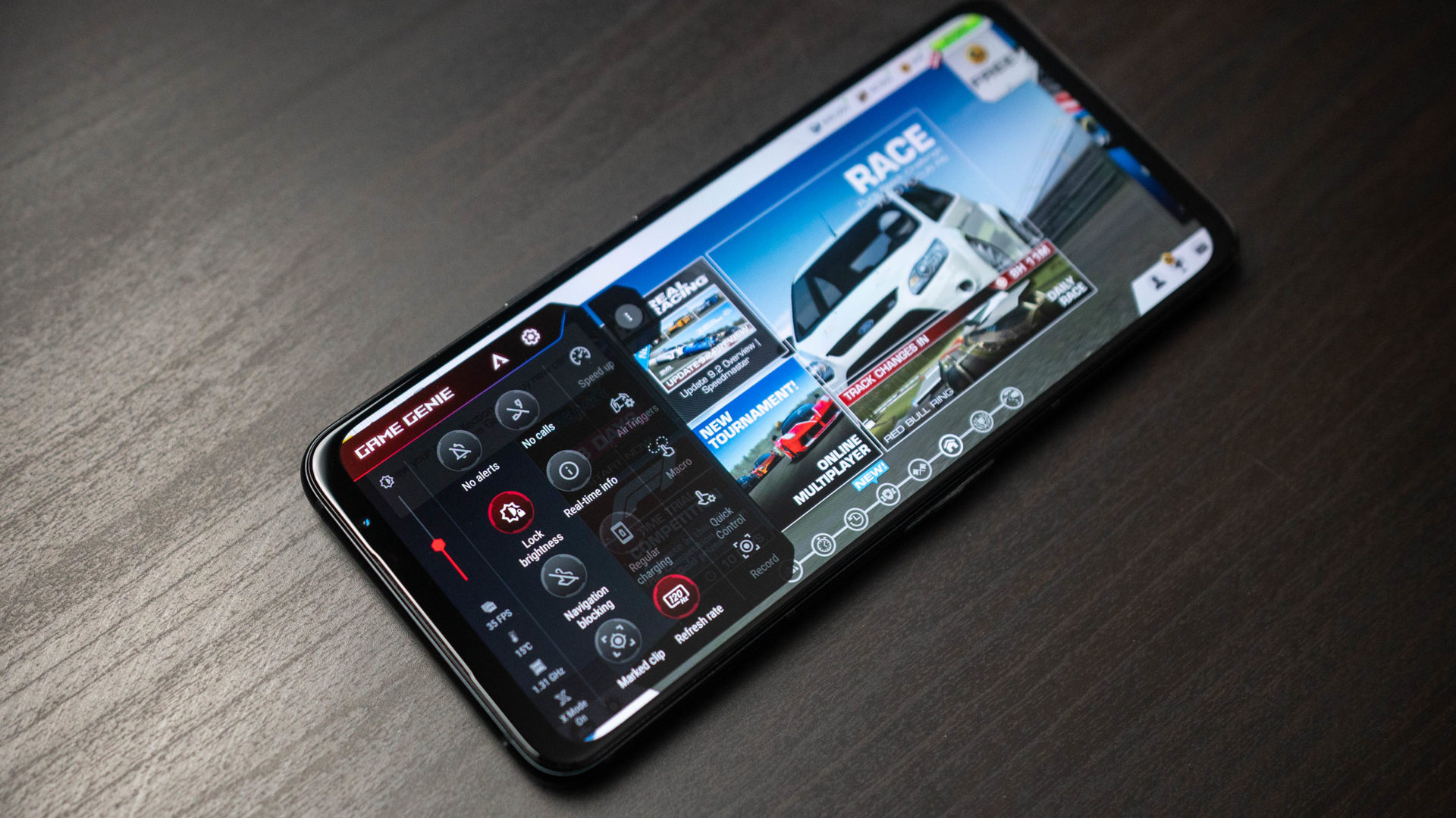 ASUS ROG Phone 5 product shot of Game Genie within Real Racing 3