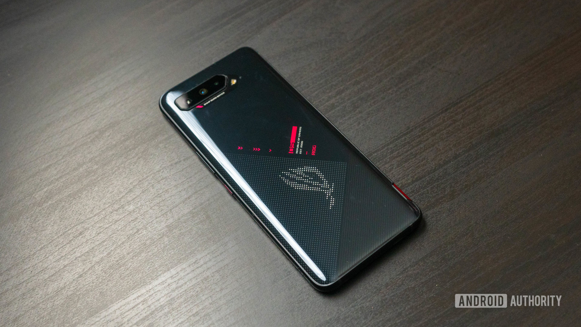 Asus ROG Phone 5 product shot of the rear of the phone from the left side