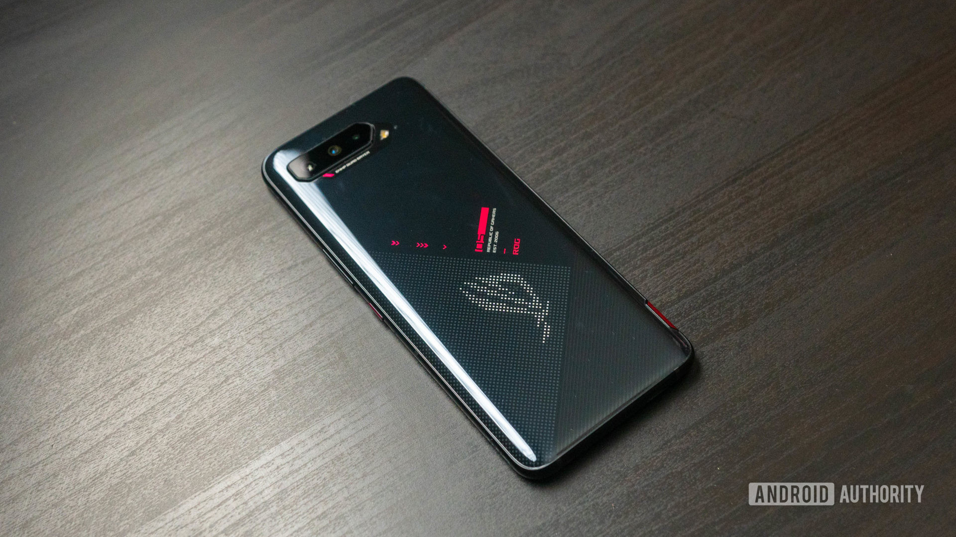 ASUS ROG Phone 5 product shot of the rear of the phone from the left side