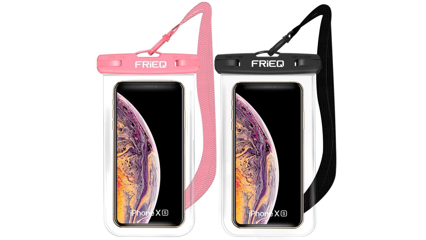 A product shot of two Frieq waterproof phone pouches in pink and black.