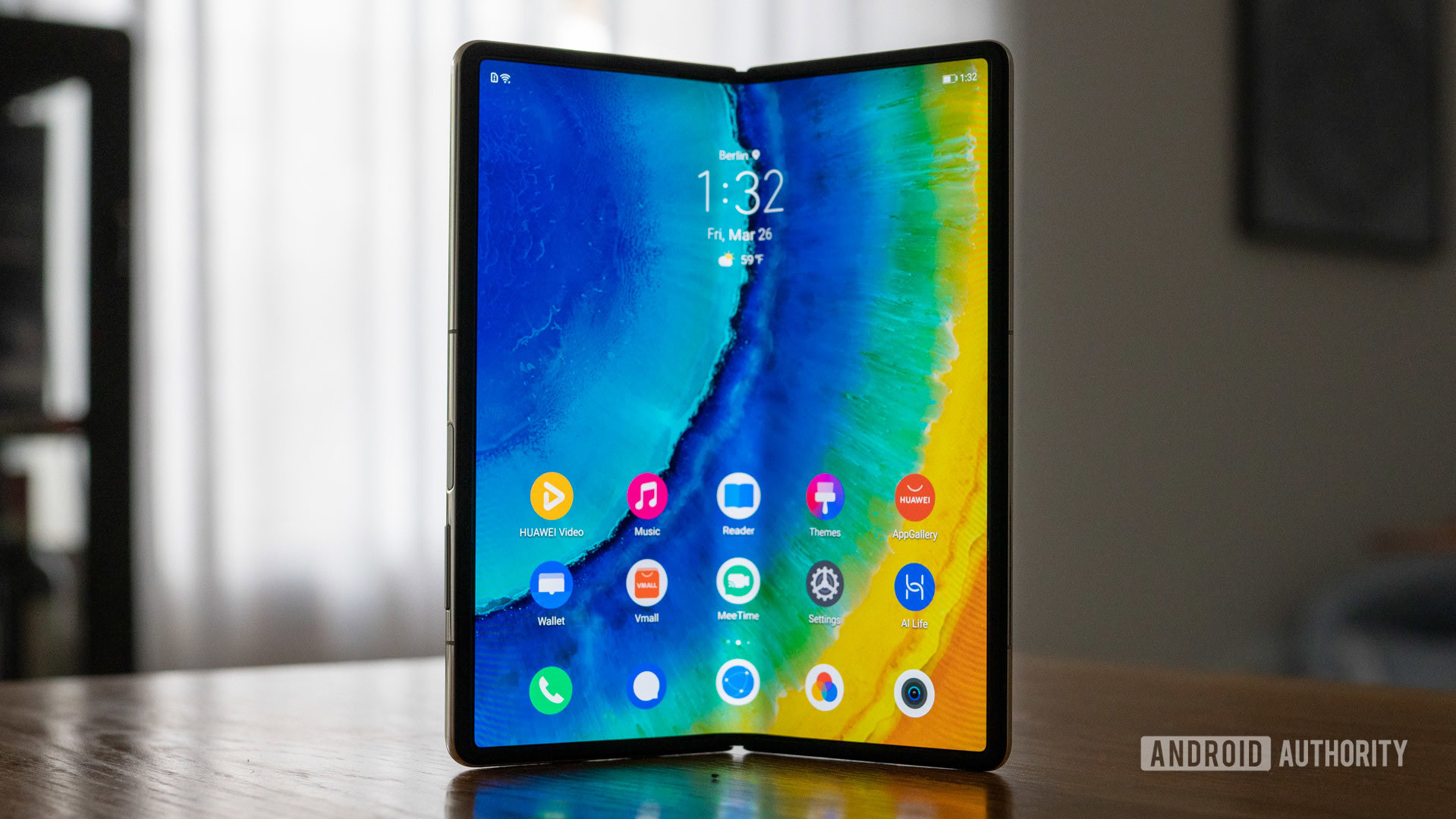 Huawei Mate X2 review half open internal screen standing on table
