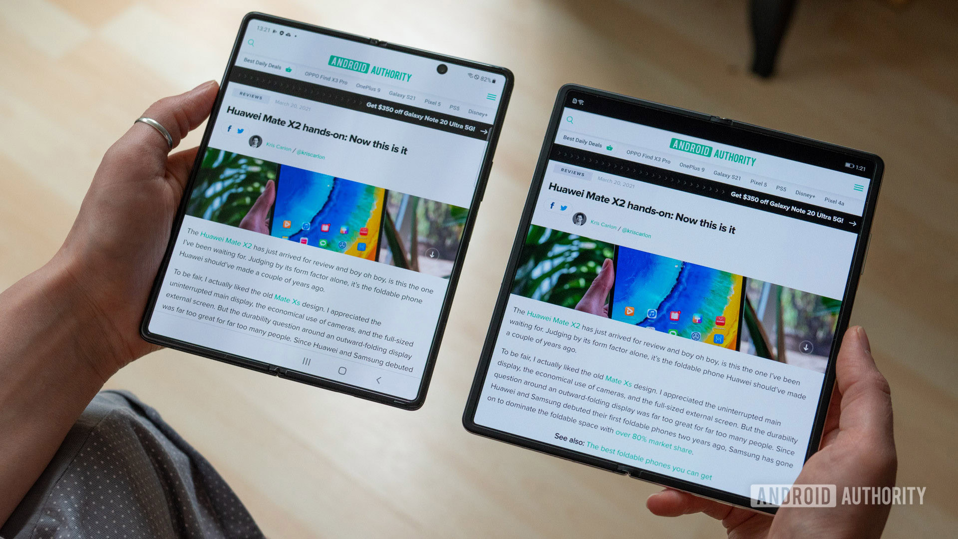 Huawei Mate X2 review side by side with Samsung Galaxy Z Fold 2 open