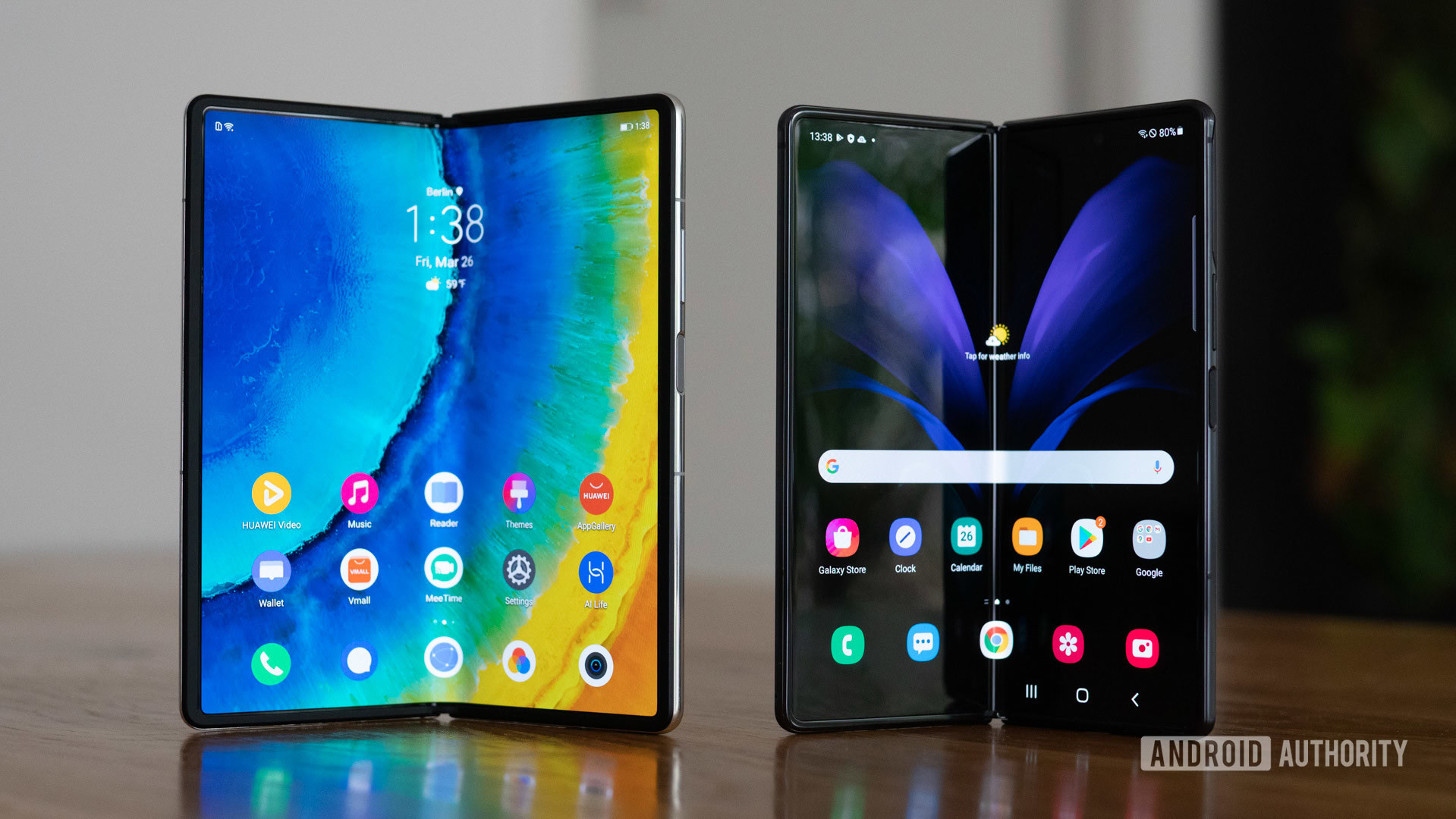 HUAWEI Mate X2 vs Samsung Galaxy Z Fold 2 internal screens half open