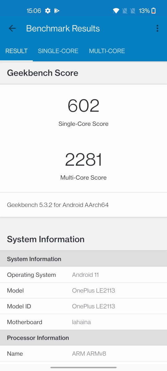 OnePlus 9 GeekBench 5 low battery