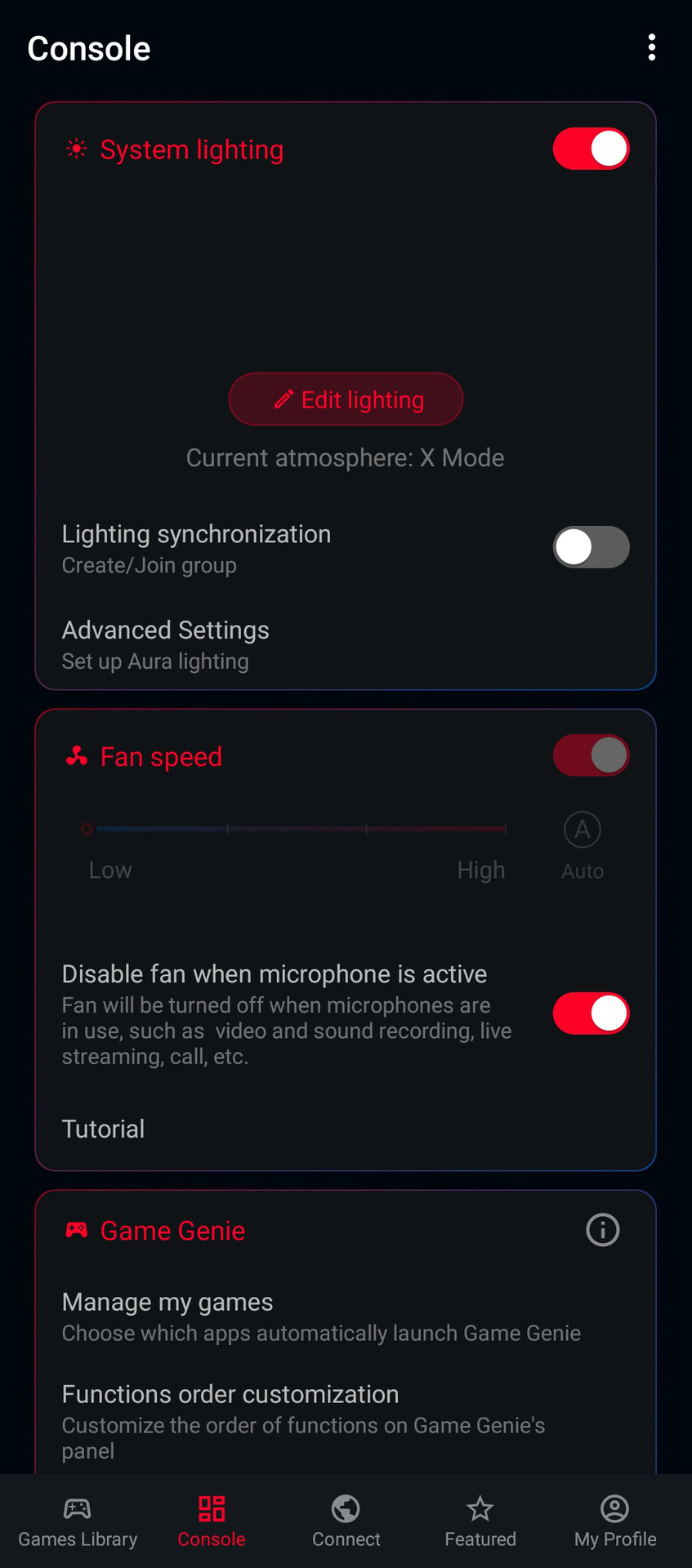 ROG Phone 5 screenshot of more options within the console in Armor Crate