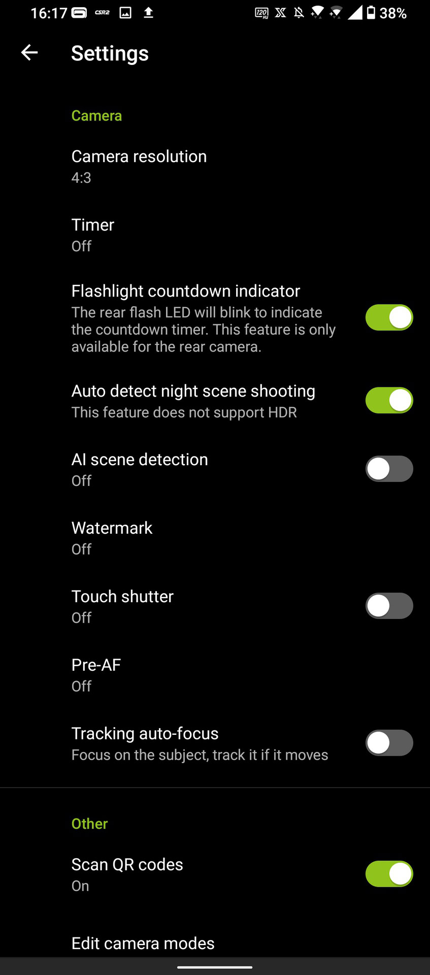 ROG Phone 5 screenshot of the camera app settings page