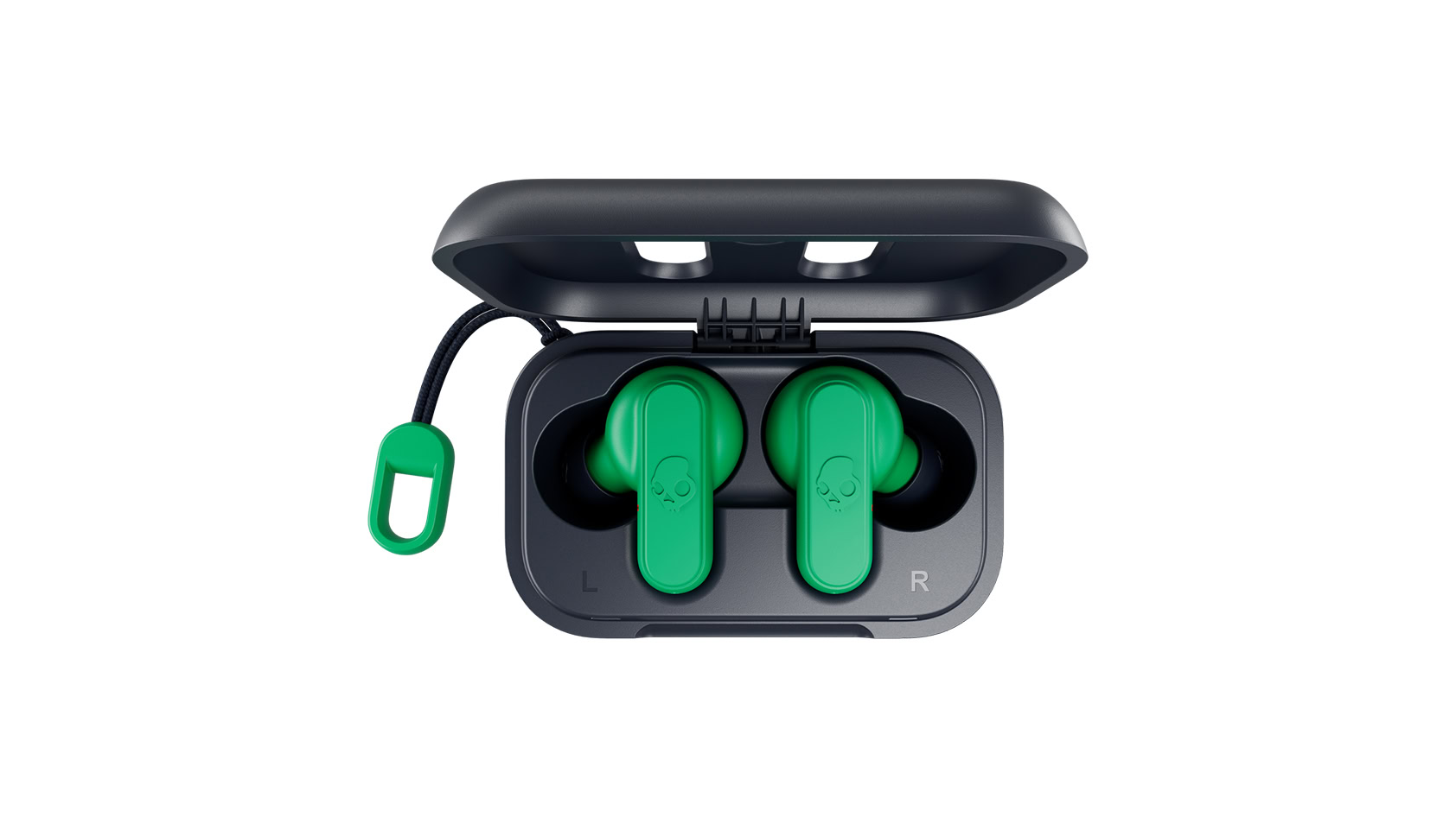 The Skullcandy Dime True Wireless Earbuds in green inside a dark blue case.