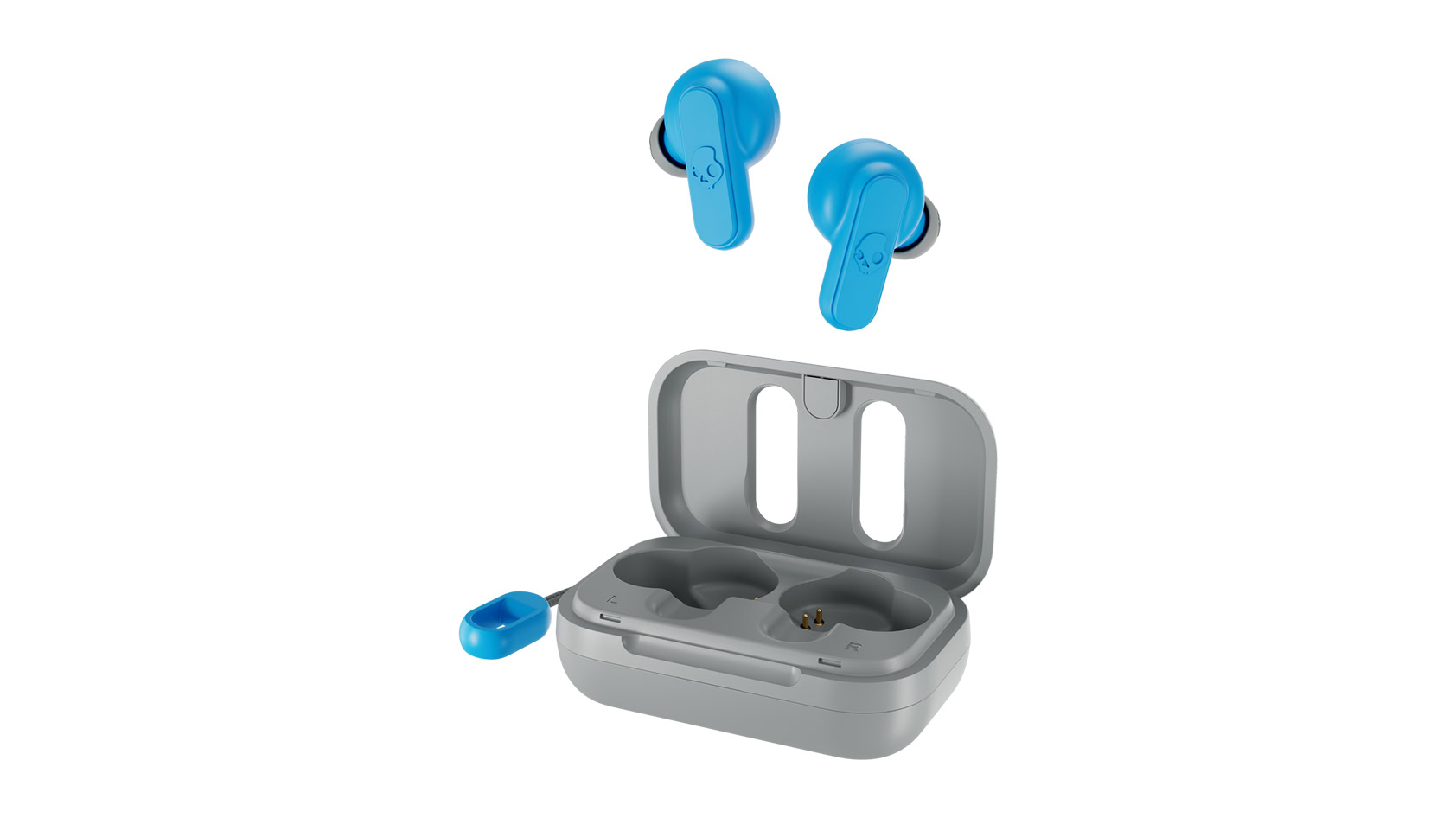 The Skullcandy Dime True Wireless Earbuds in blue above the light grey case.