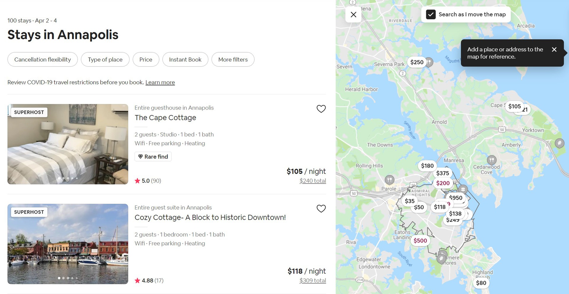 airbnb search results