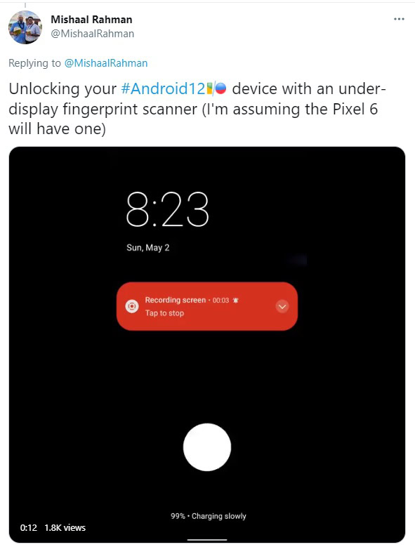 android 12 beta pixel in display fingerprint mishaal rahman