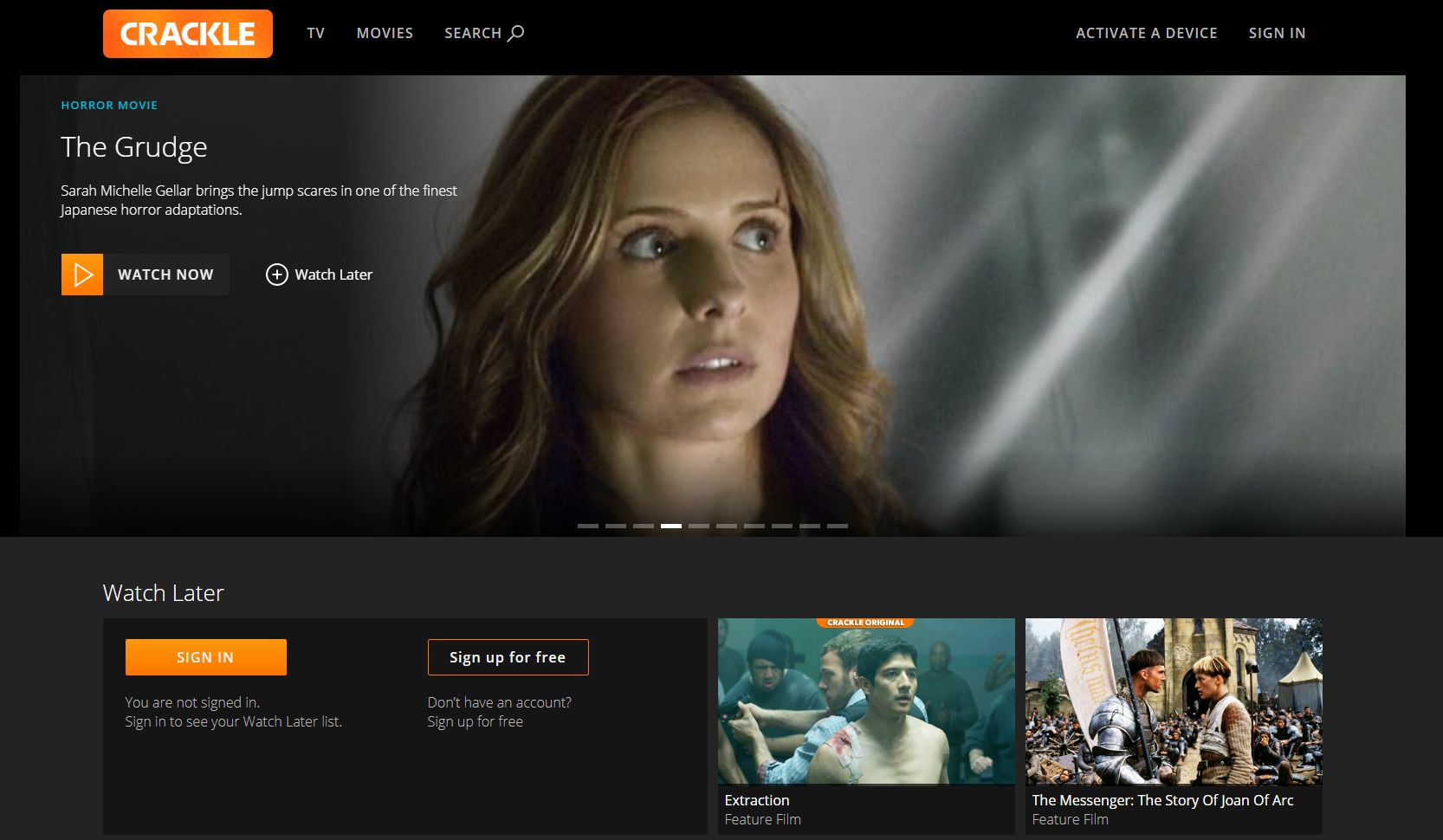 Crackle screenshot showing available shows and films.