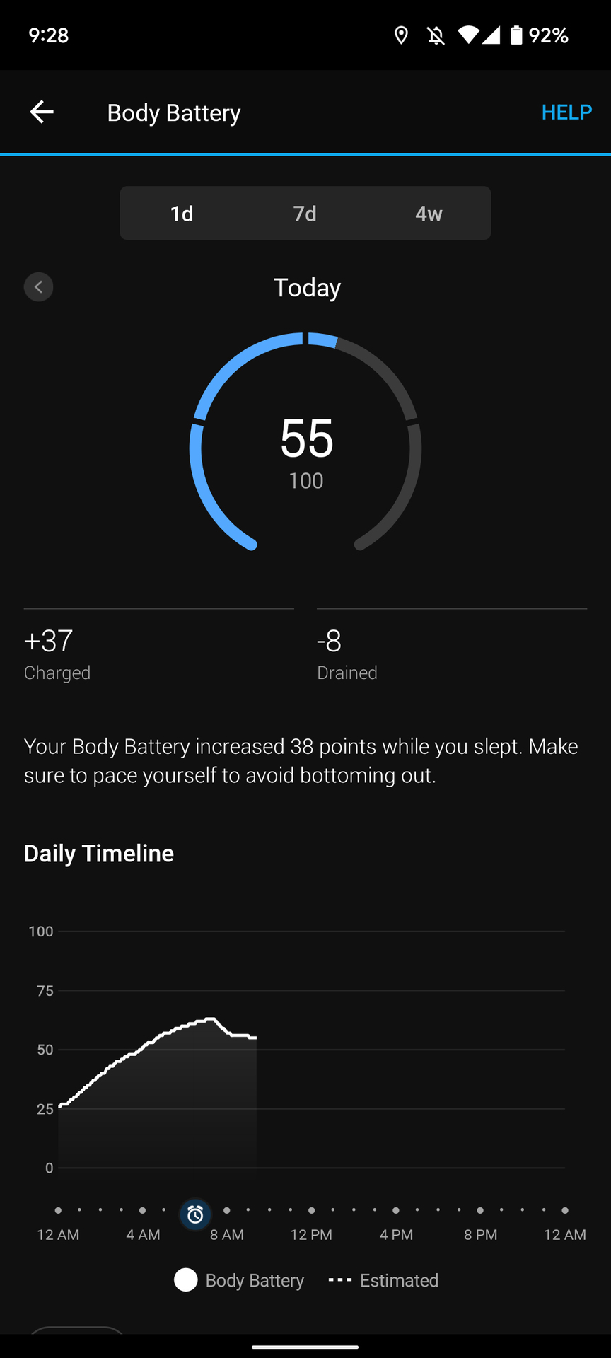 garmin body battery daily timeline