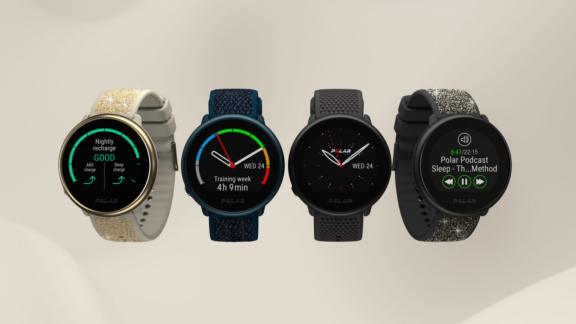 A group image of the Polar Ignite 2, the best mulitsport Polar watches, shows multiple band options and colors.