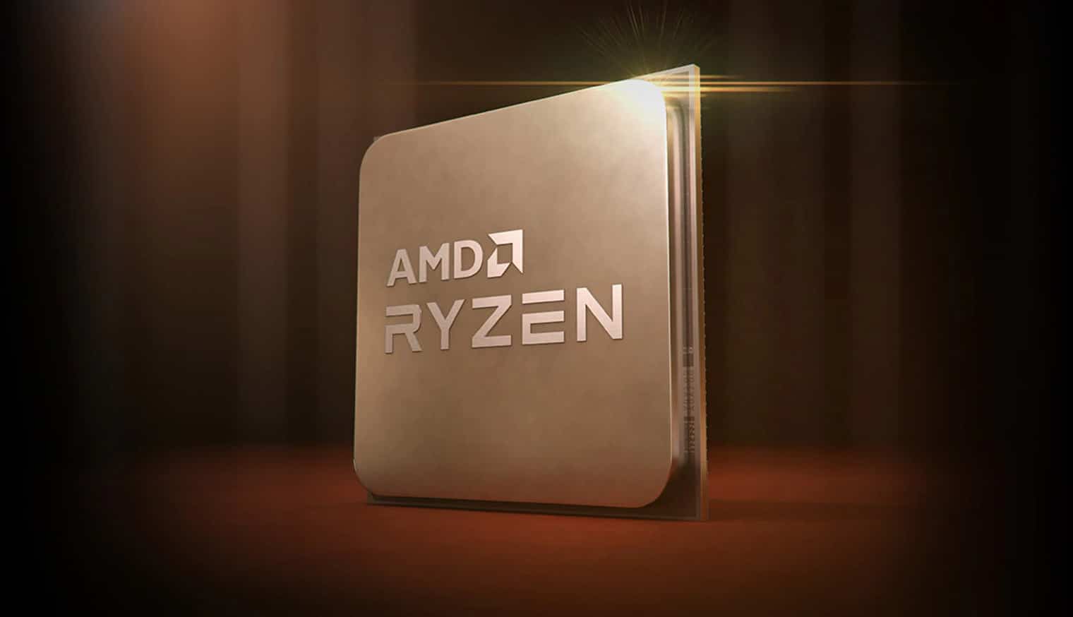 AMD Ryzen processor standing upright on a red background