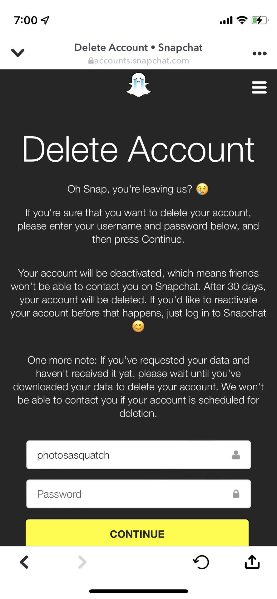Delete Snapchat Account iOS 4
