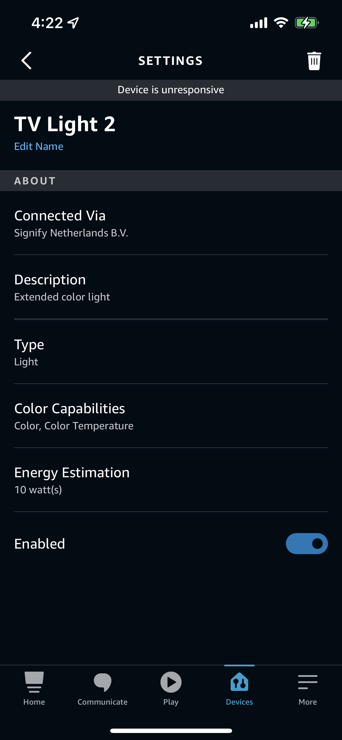 Light settings in the Alexa app