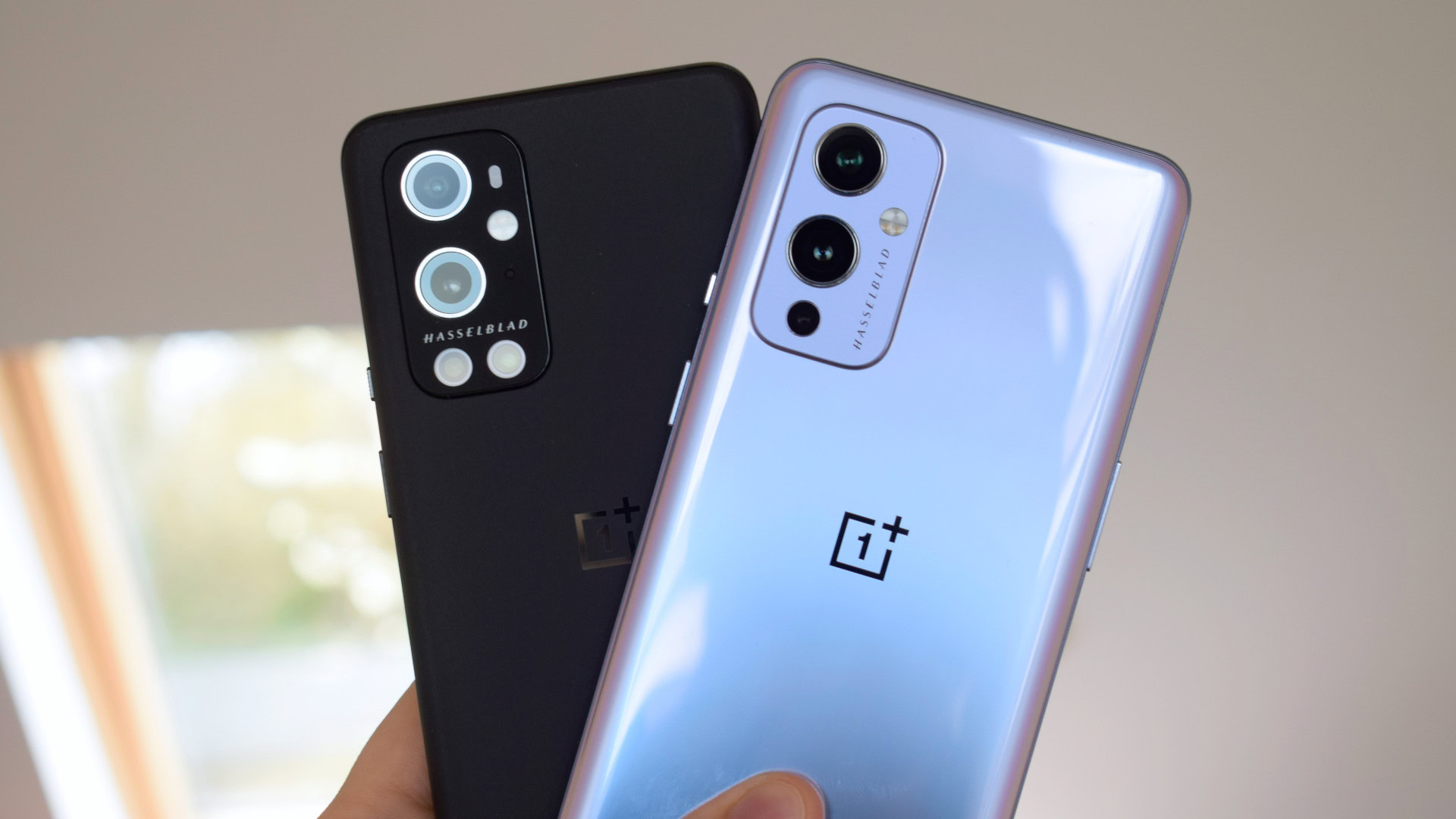 The backs of the OnePlus 9 Pro and OnePlus 9 side by side.