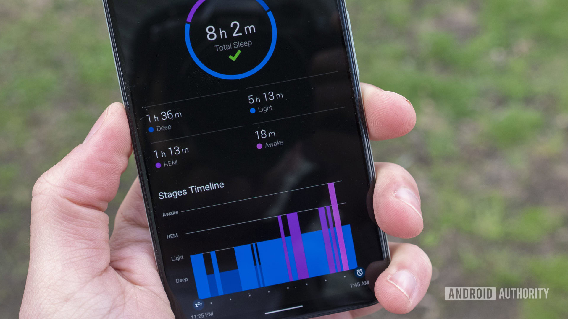 A smartphone shows the Garmin connect app's sleep tracking