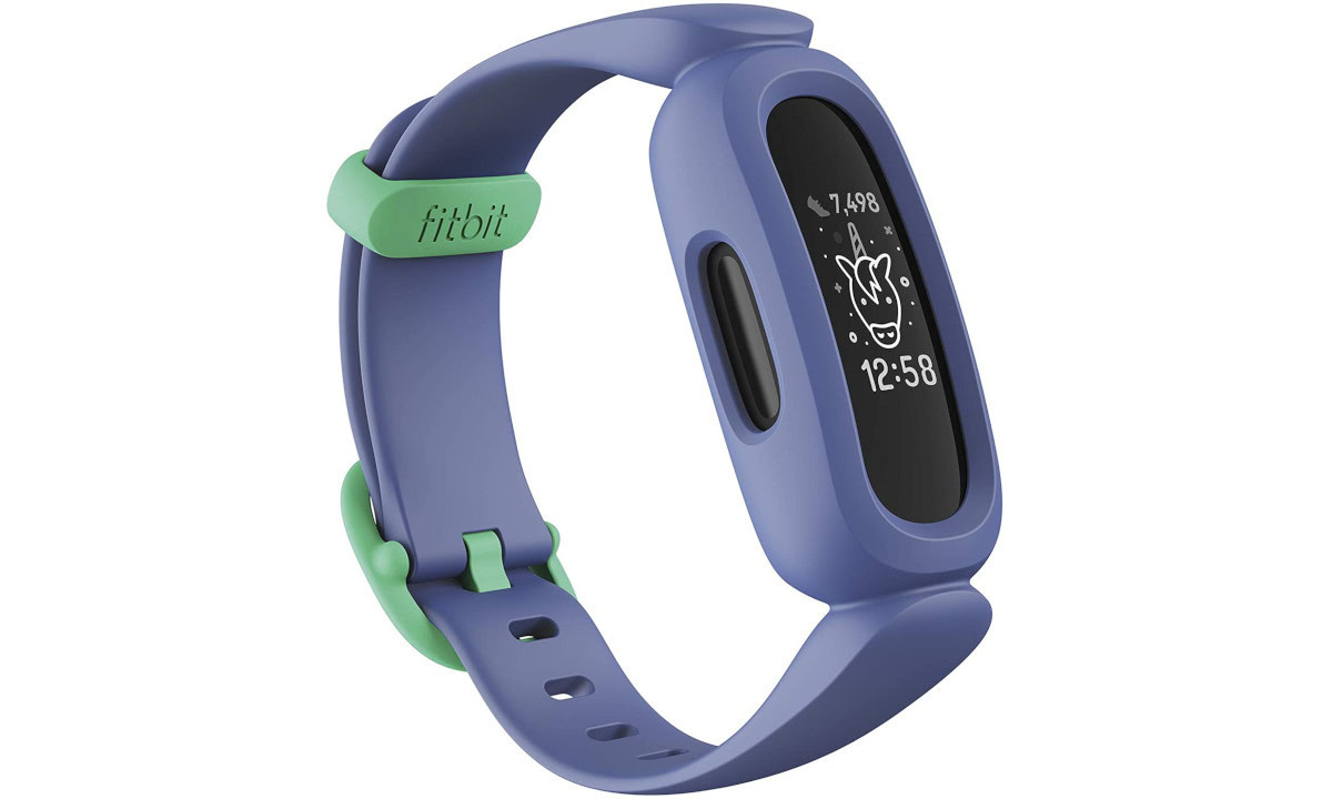 A product image of a Fitbit Ace 3 showcases the device in Cosmic Blue and ASTRO Green.