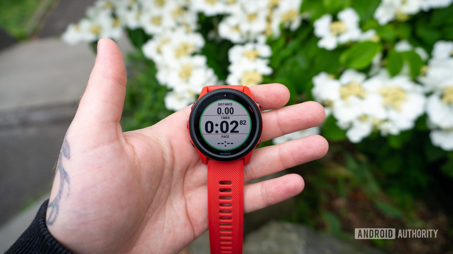 A user holds a red Garmin Forerunner 745 in hand, displaying the users running stats.