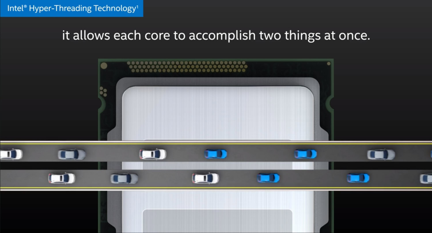 Intel Hyper-Threading graphic visualizing the technology with two lanes of cars