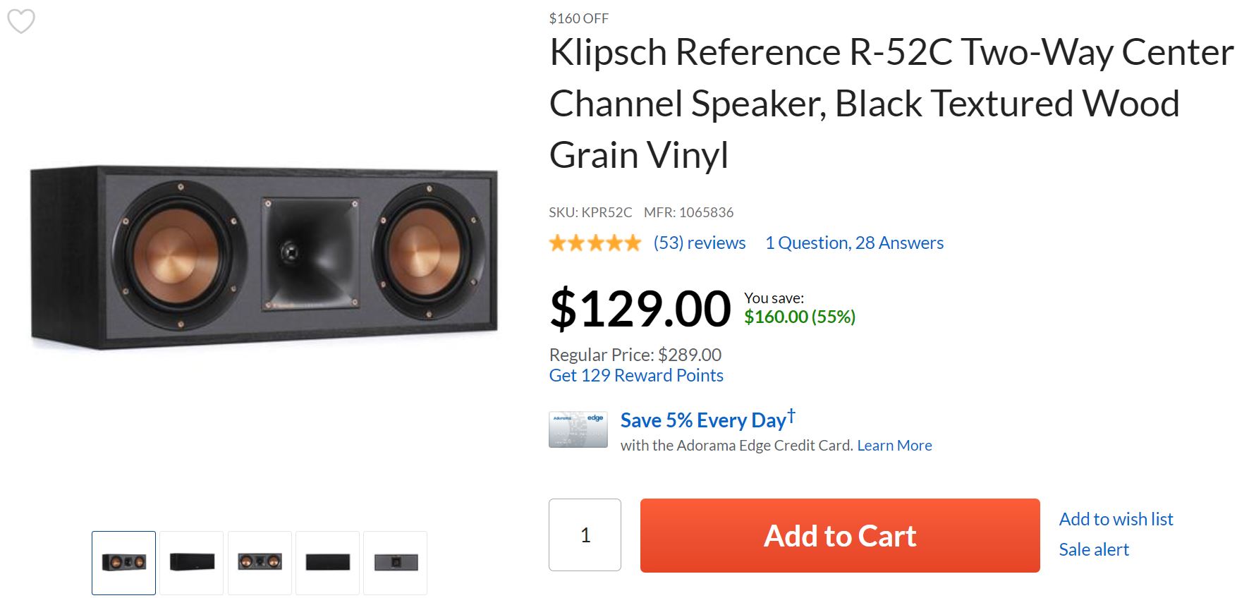 Klipsch Reference R 52C Two Way Center Channel Speaker Adorama Deal