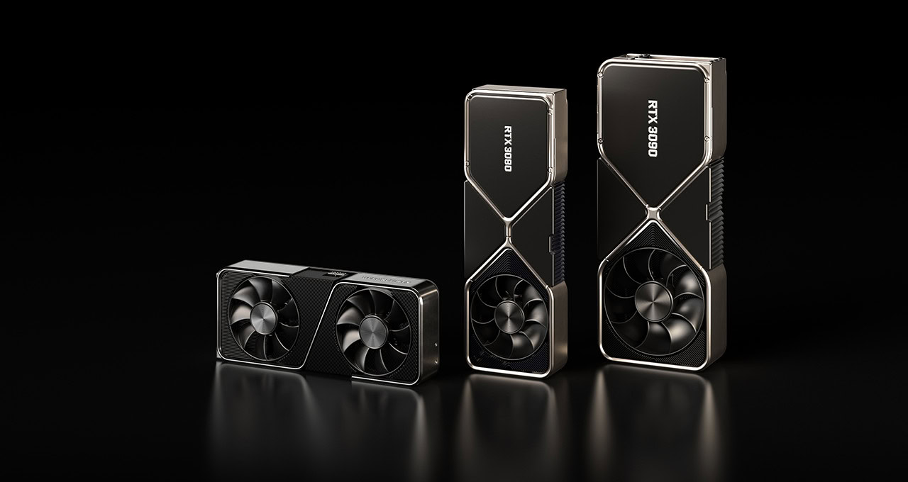 NVIDIA GeForce RTX 30 series GPU lineup on black background