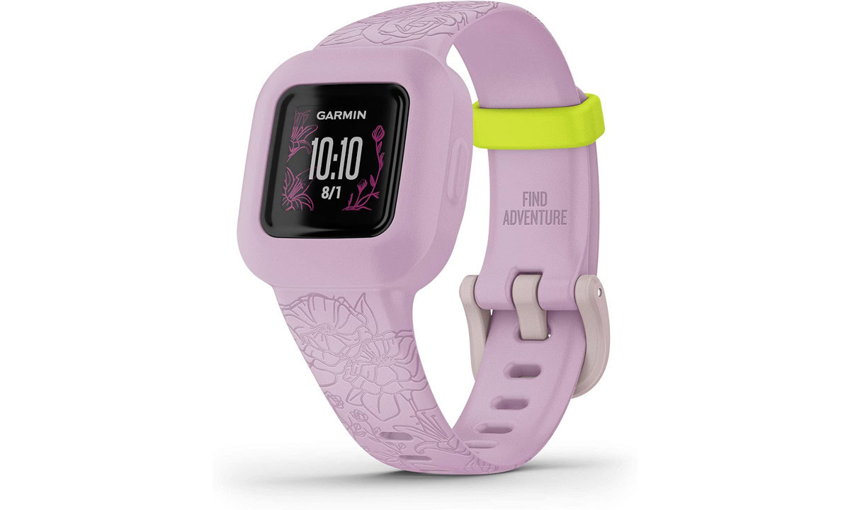 A product image of the Garmin Vivofit Jr. (one of the best smartwatches for kids) in Lilac Flower.