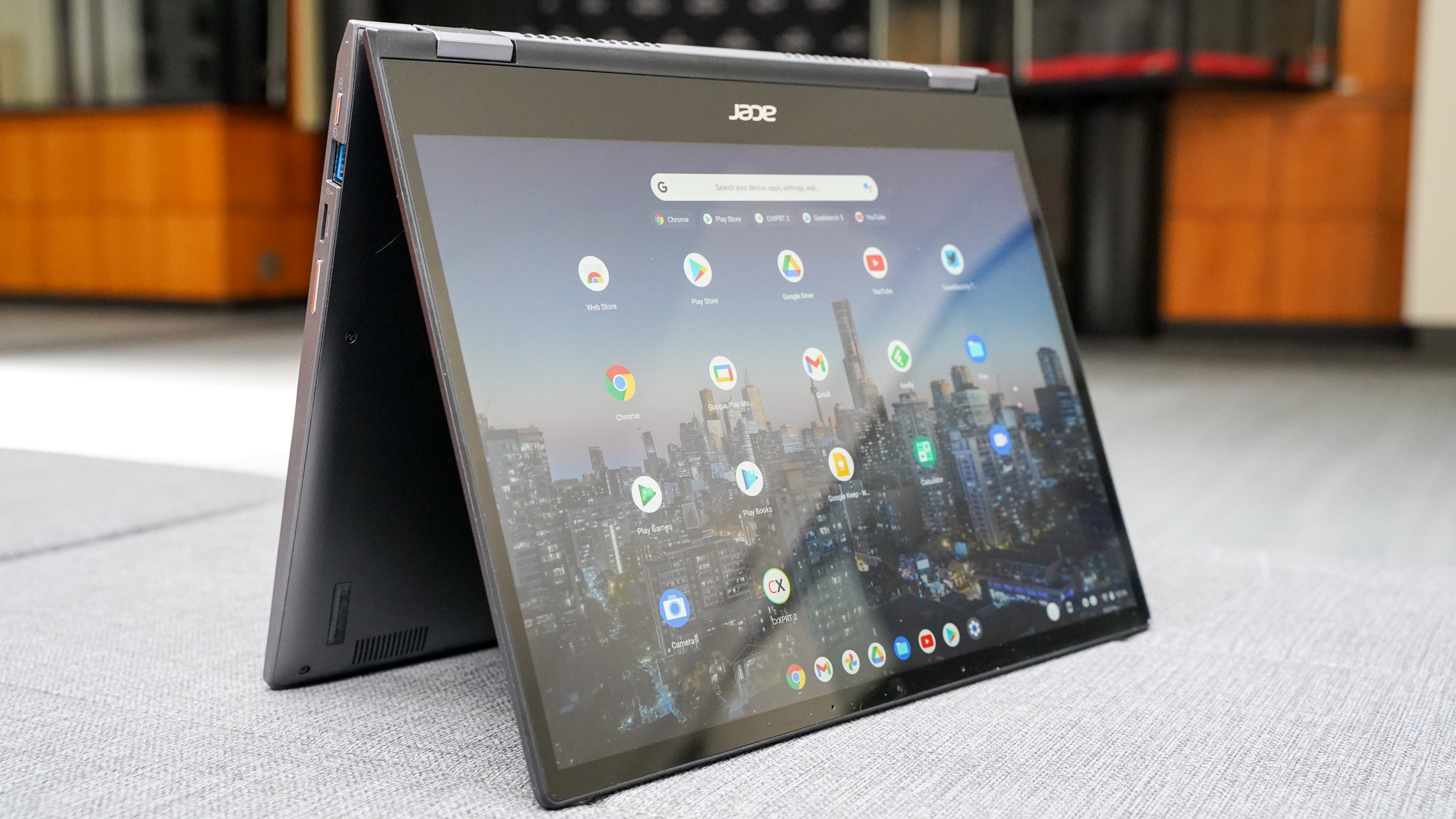 The Acer Chromebook Spin 713 in tent mode.