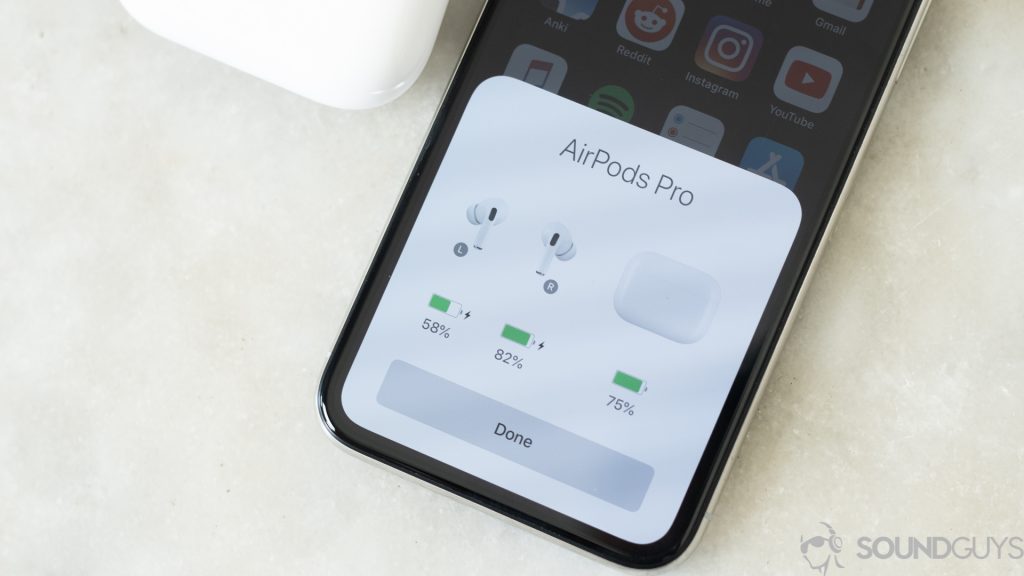 The AirPods Pro connection prompt on an iPhone showing the battery life status of the buds themselves and the charging case.