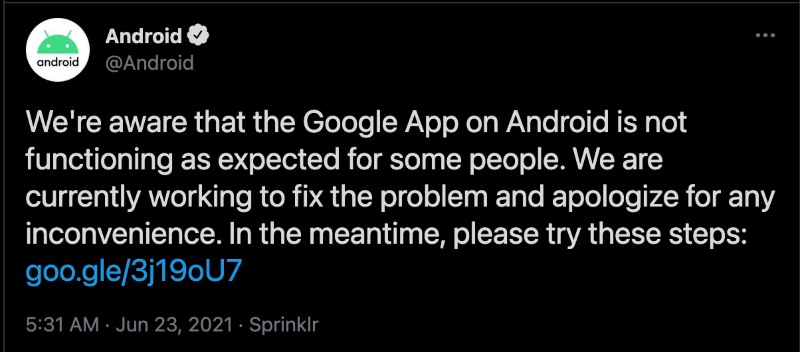 Google App Crashing Android Tweet