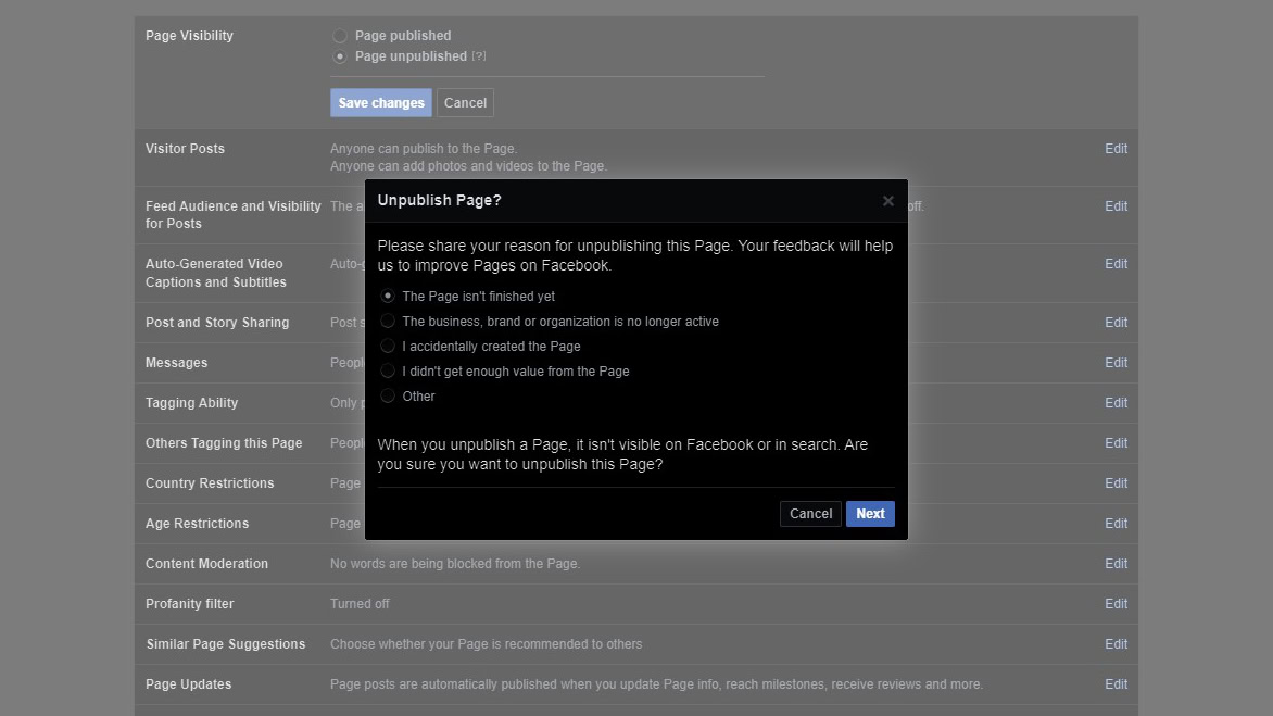 How to unpublish Facebook page on browser 4