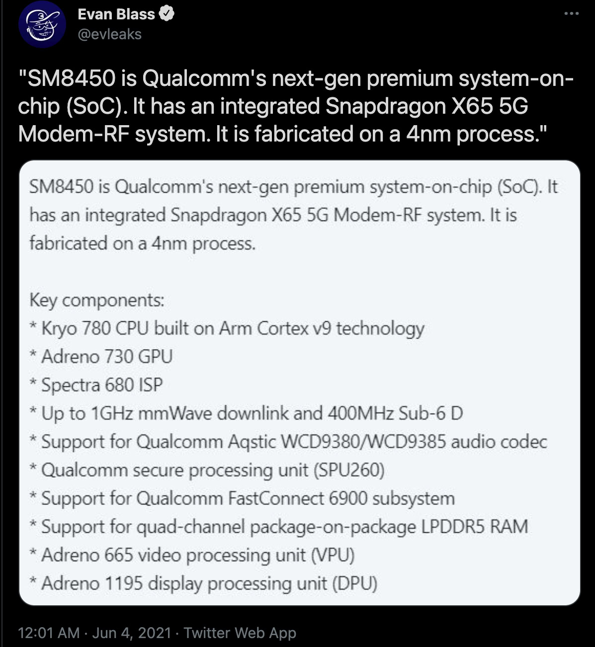 SM8450 specs Evan Blass