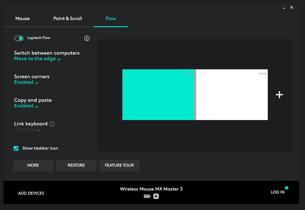 The Logitech Options Flow Settings.