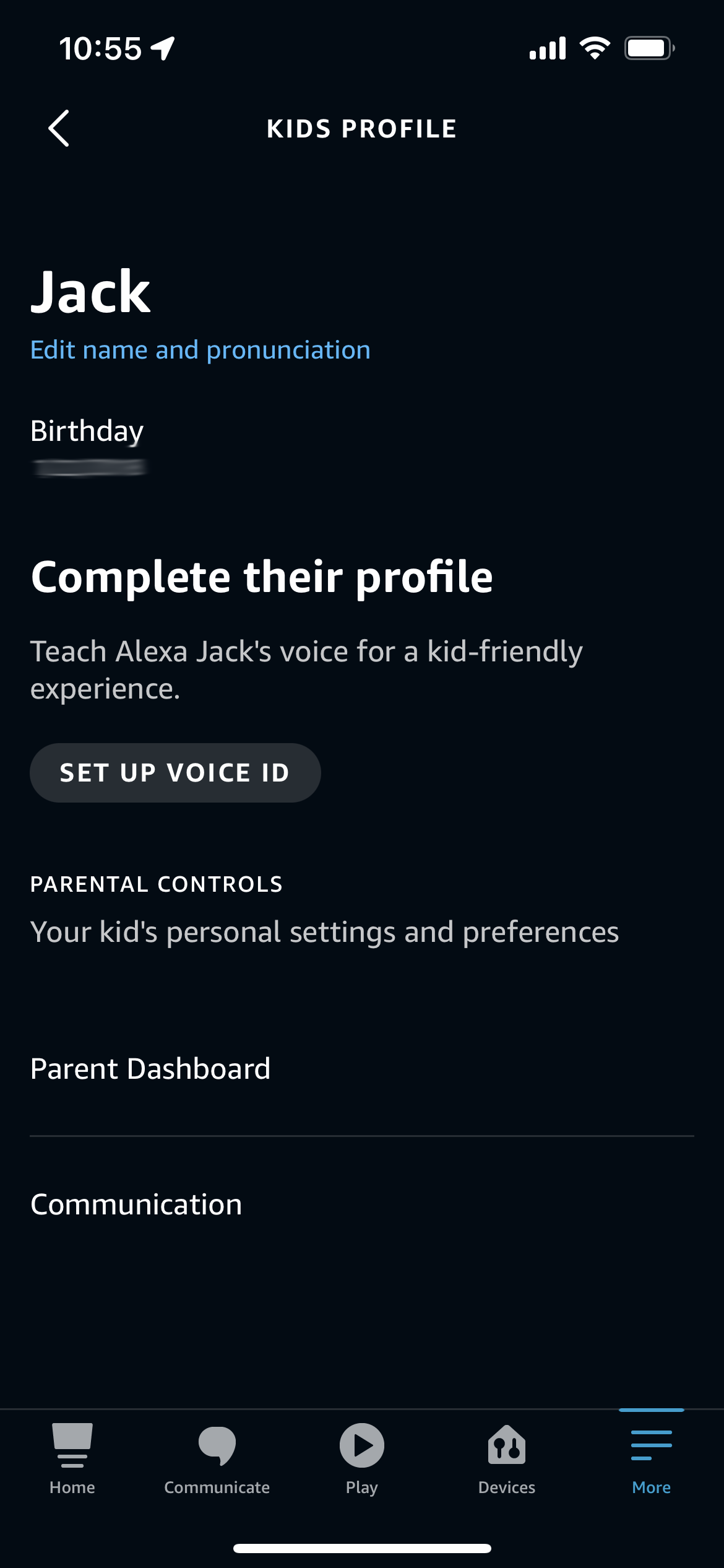 A kid's profile in the Alexa app