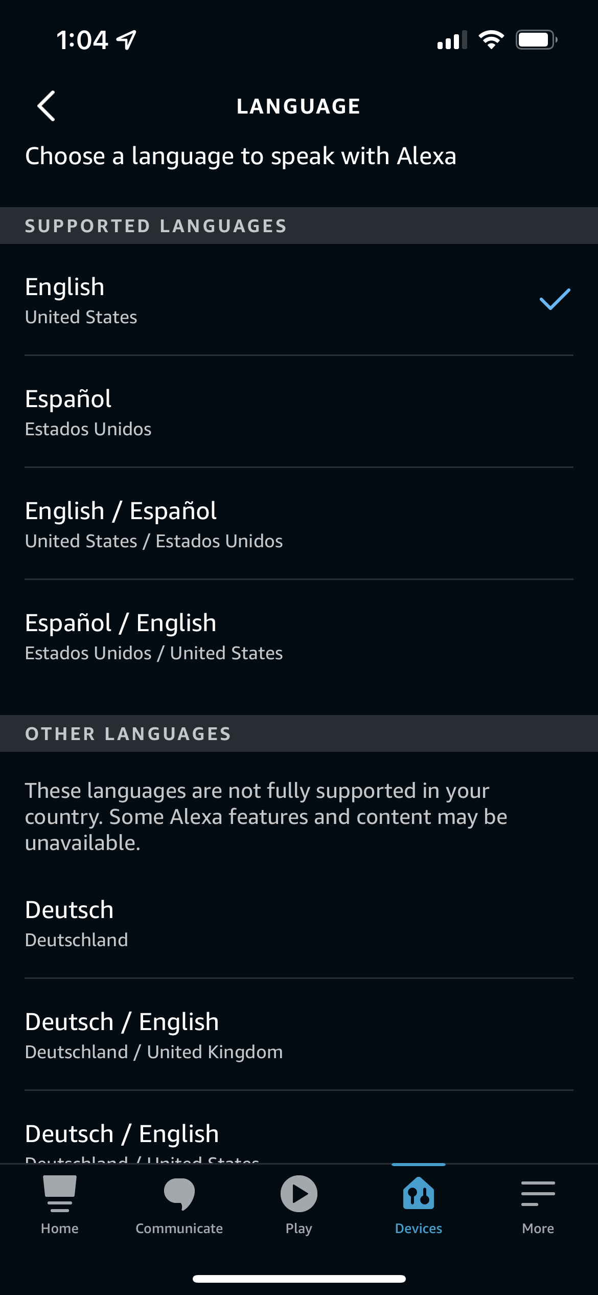 Choosing languages in the Alexa app