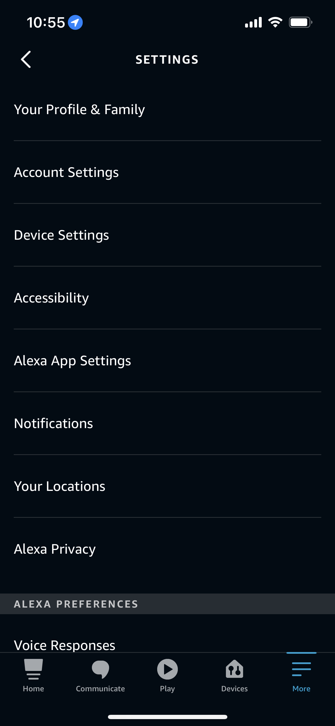 Settings in the Alexa app as of February 2022
