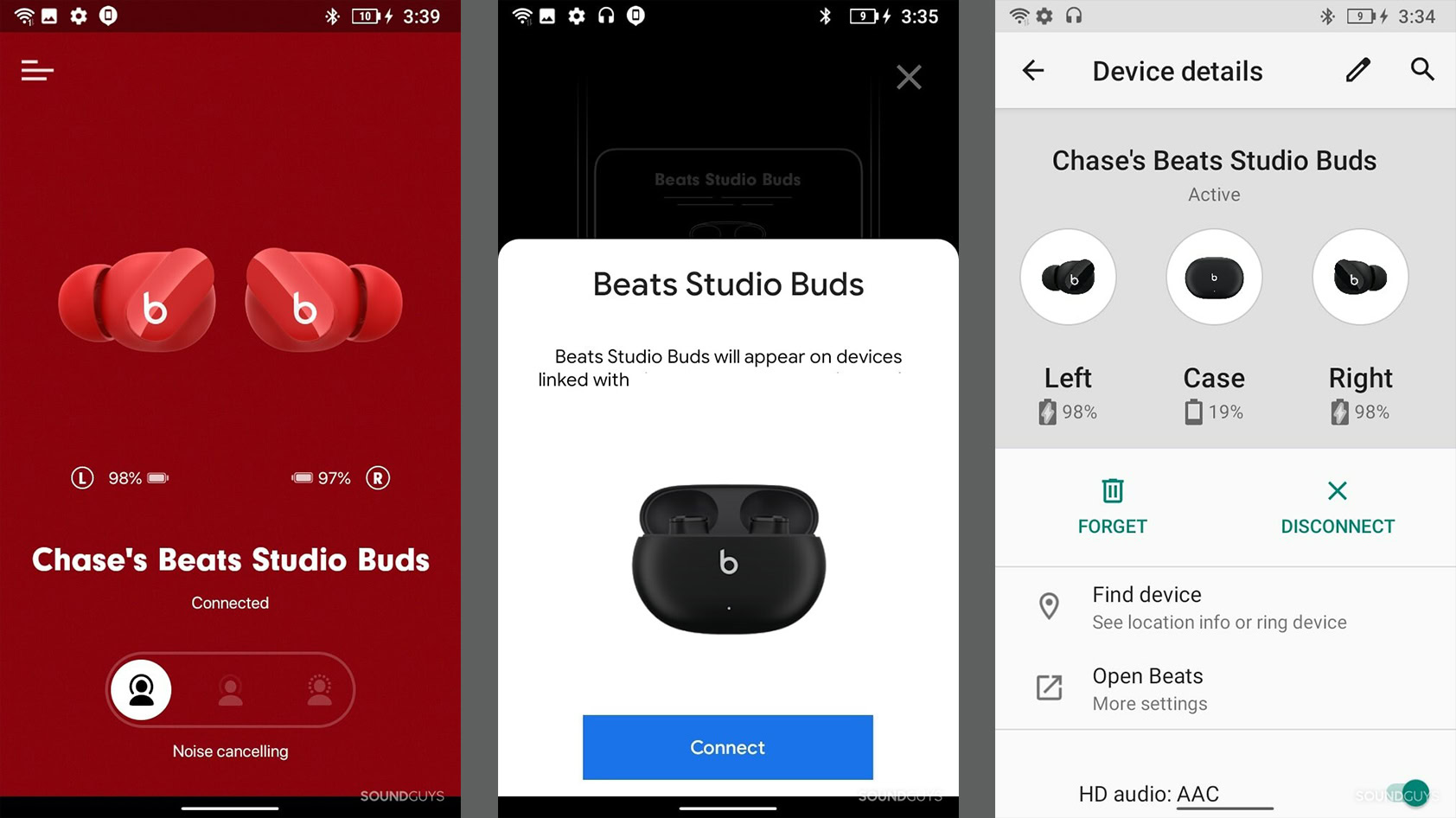 Three screenshots of the Beats Android app.