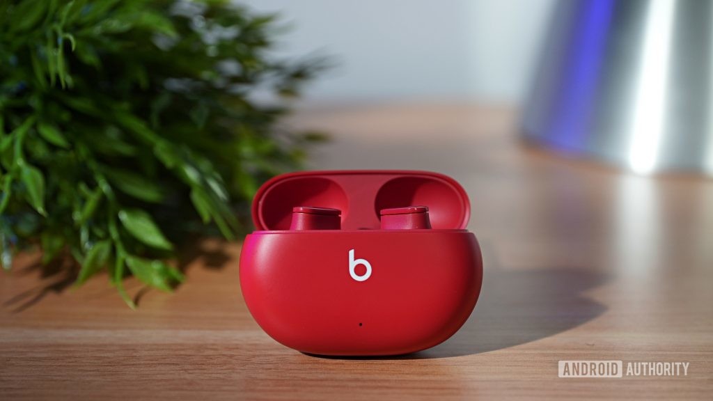 Beats Studio Buds noise cancelling true wireless earphones in the open charging case.