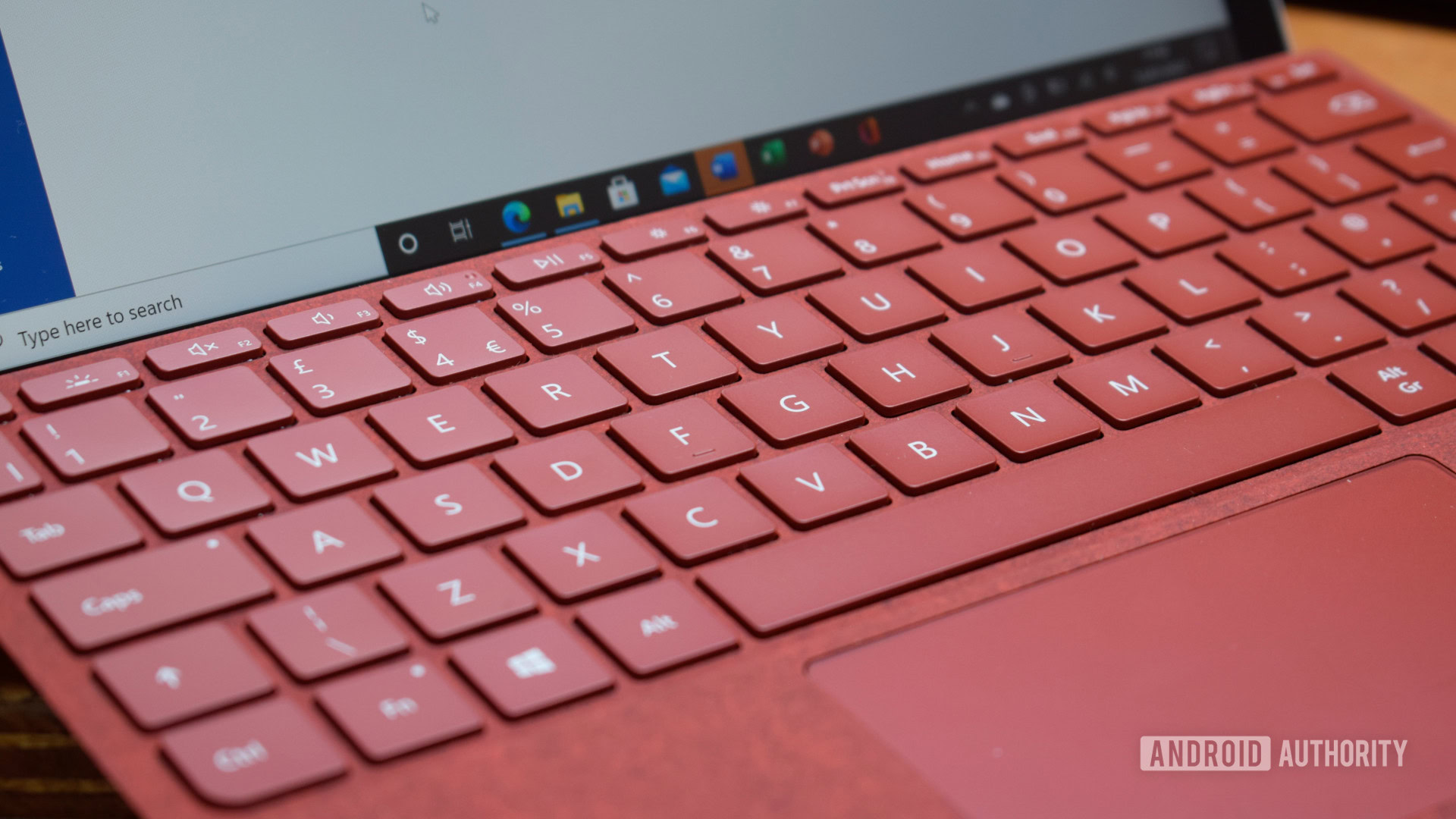 Close up of a red Microsoft Surface Go 2 Type Cover keyboard