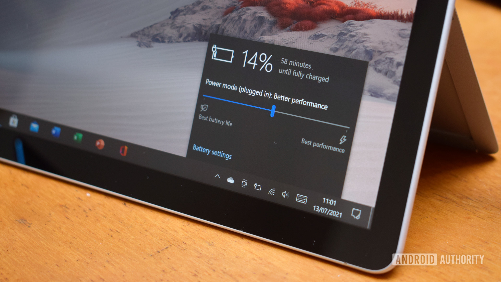 The Microsoft Surface Go 2 battery indicator showing low battery life and charging time.