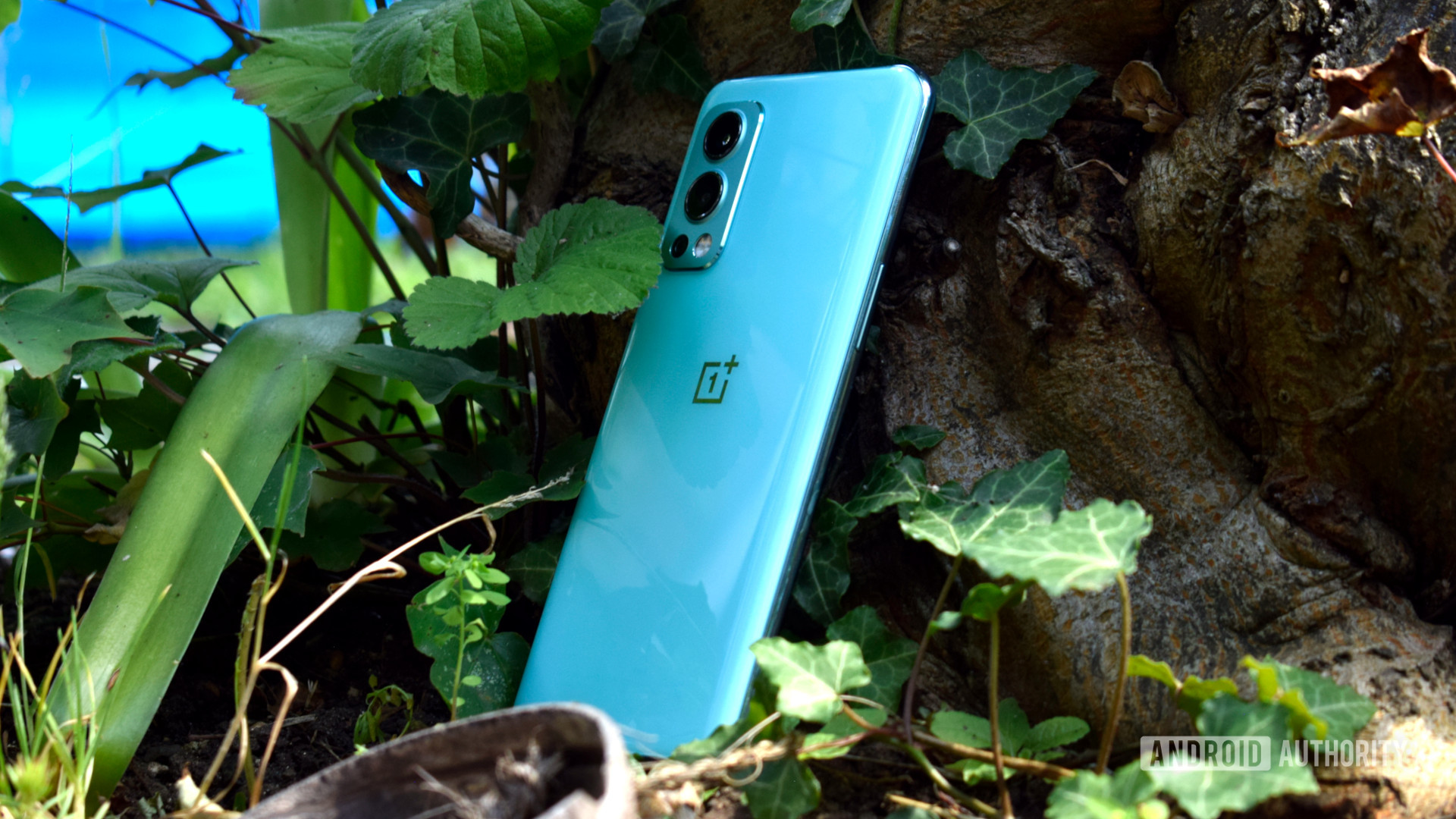 OnePlus Nord 2 5G side on lying against a tree