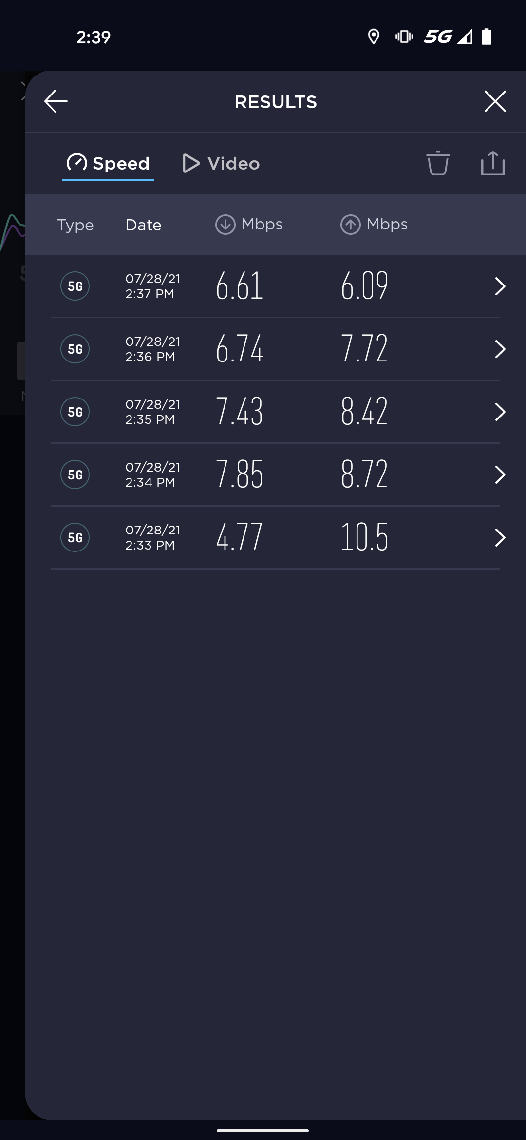 5G home speed test results.