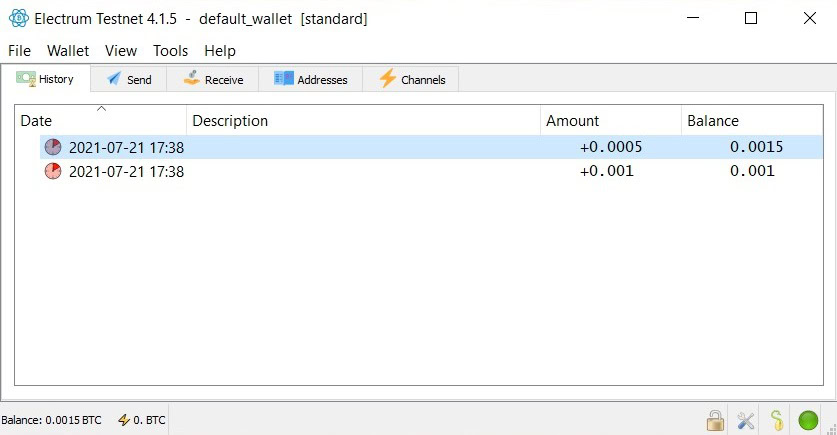 Image shows Bitcoin wallet with two transactions. Both have achieved one confirmation.