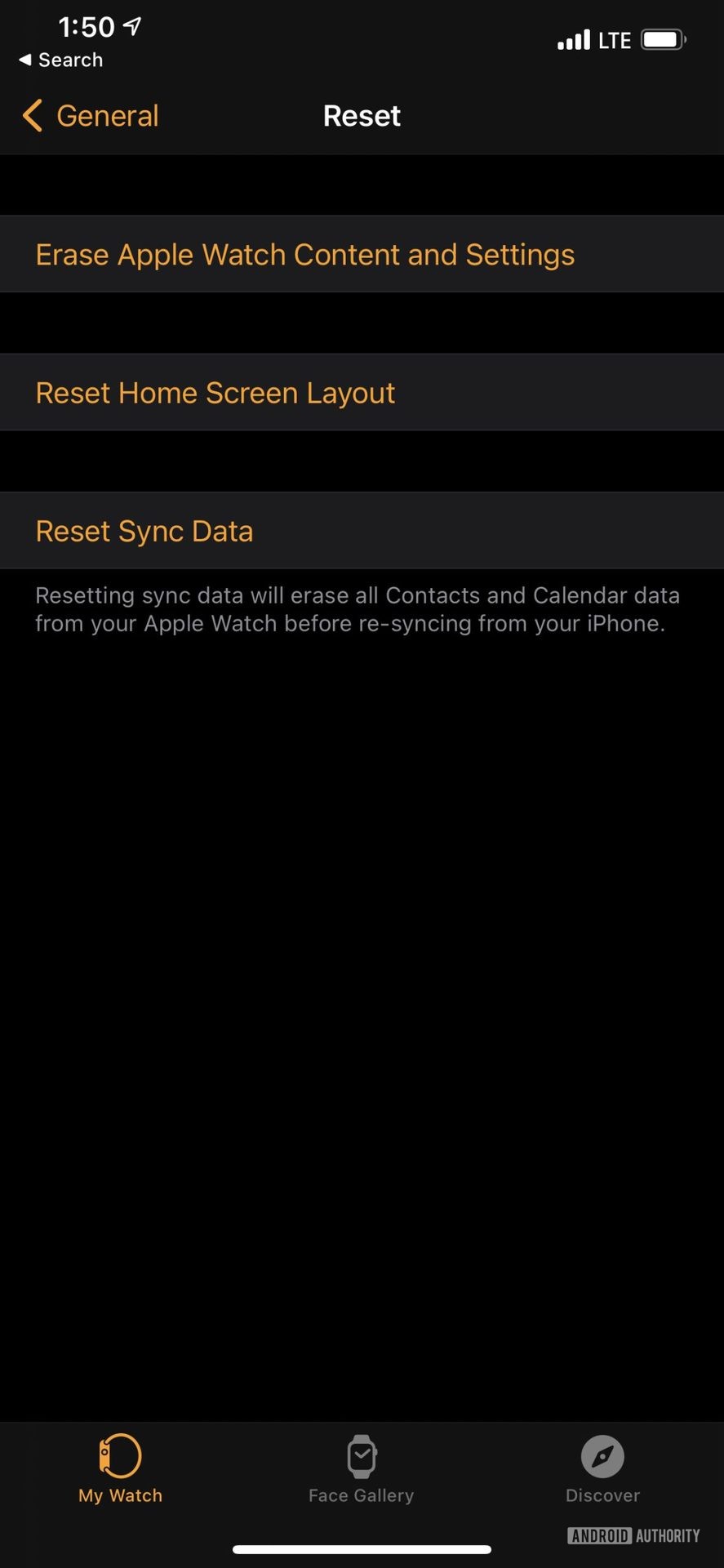 iPhone screenshot displays how to reset Apple Watch by choosing Erase Apple Watch Content and Settings