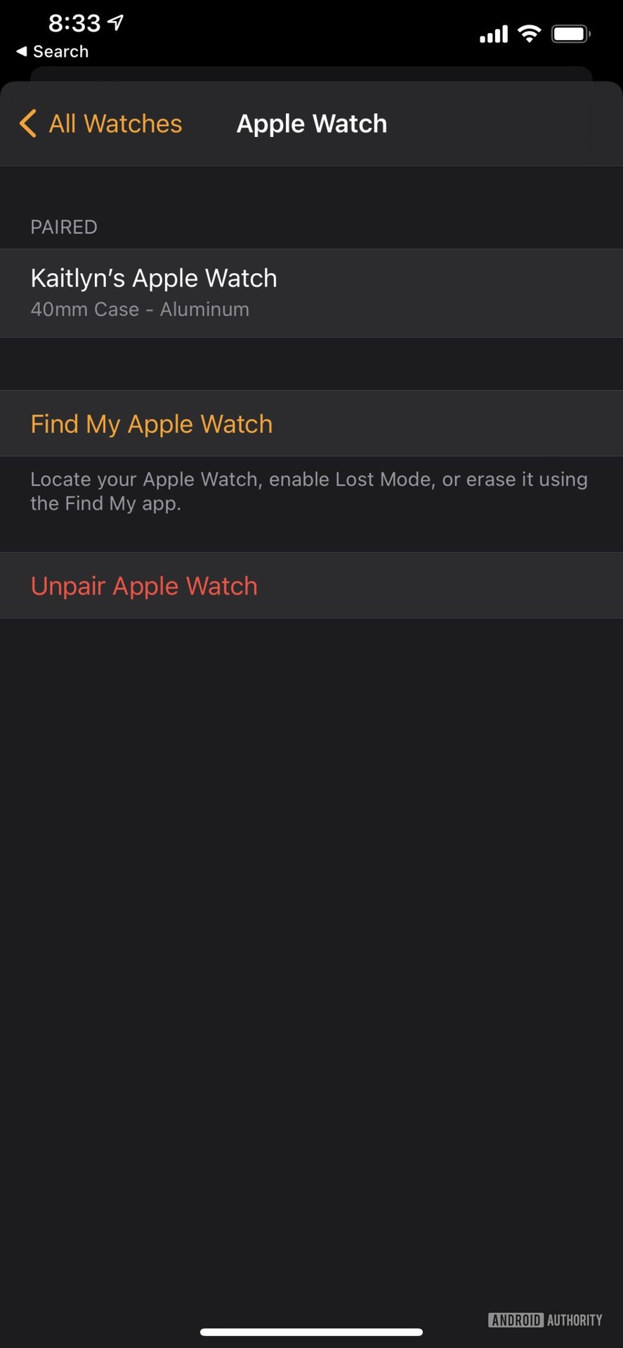 iPhone screenshot displays where to find Unpair Apple Watch on the Watch app