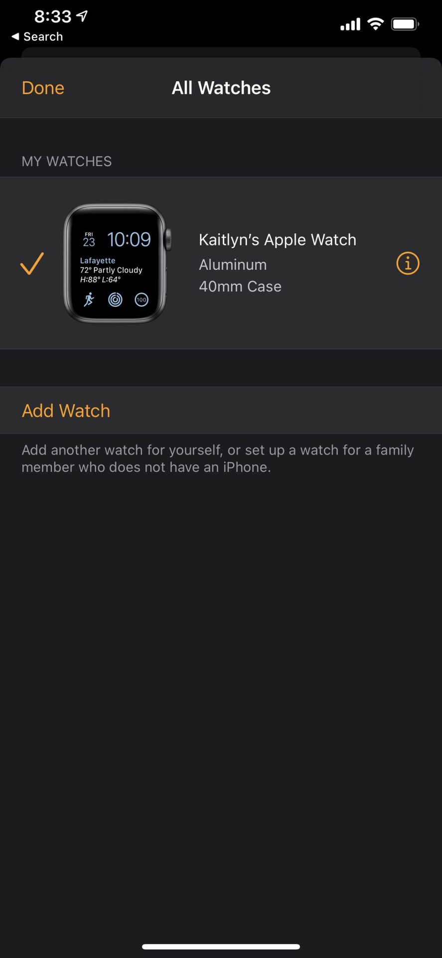 iPhone Watch app screenshot lists all devices currently paired